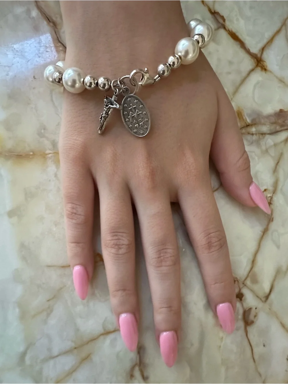 925 Sterling Silver Pearl and Silver Religious Charm Bracelet